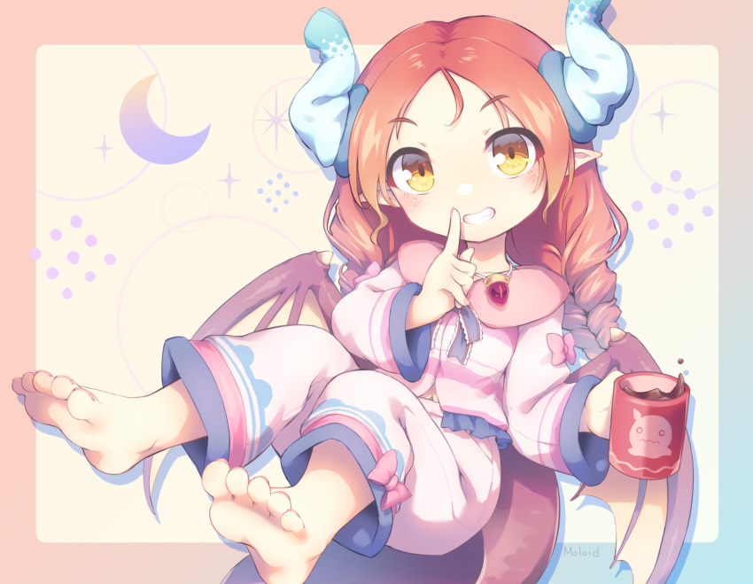 1girl, barefoot, chibi, covered_horns, cup, dragon_girl, dragon_horns, dragon_tail