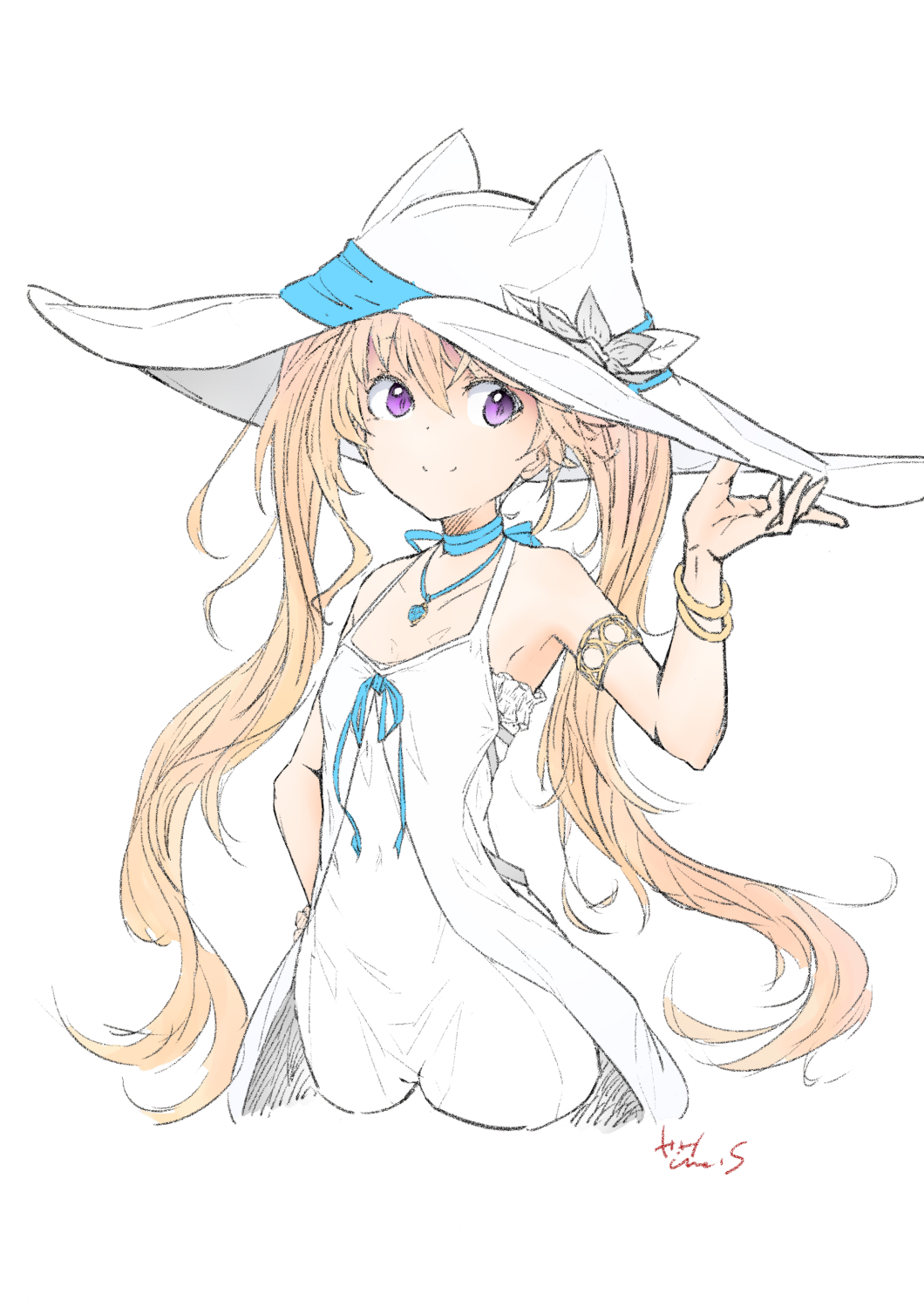 1girl, armpits, bare_shoulders, blonde_hair, blue_ribbon, dress, flower, hat, hat_flower, highres, iris_mysteria!, ladis_(iris_mysteria!), neck_ribbon, ribbon, smile, twintails, umeshouga, violet_eyes, white_background, white_dress, white_hat, witch_hat