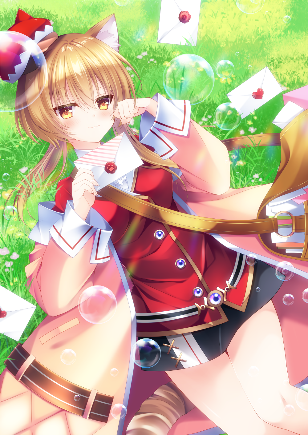 1girl, animal_ears, brown_eyes, brown_hair, bubble, cat_ears, cat_girl, cat_tail
