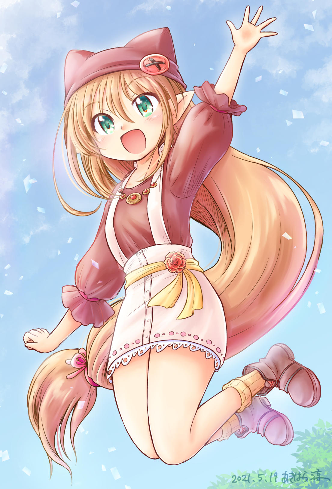 1girl, akihara_ryou, animal_ear_headwear, artist_name, blue_sky, boots, breasts, brown_hair