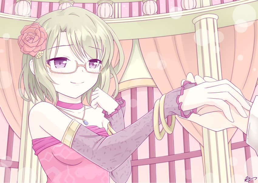 1boy, 1girl, bare_shoulders, clair_filandre, dress, elbow_gloves, flower, glasses