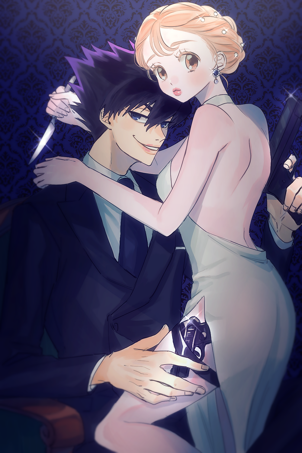 1boy, 1girl, bare_legs, black_suit, blue_lock, couple, dress, earrings