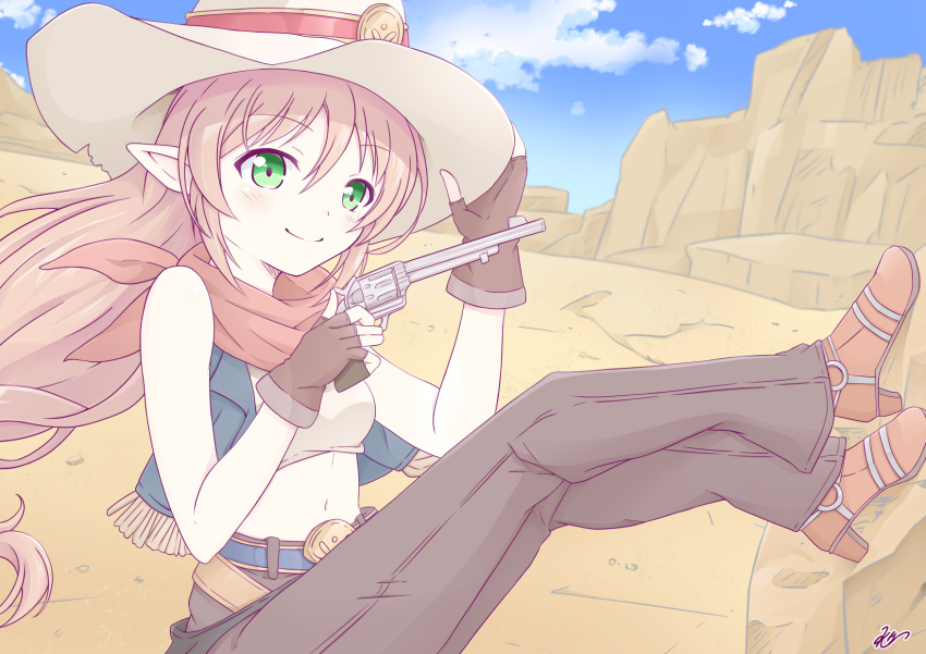 1girl, belt, boots, brown_hair, cowboy_hat, cowgirl_(western), from_side, green_eyes