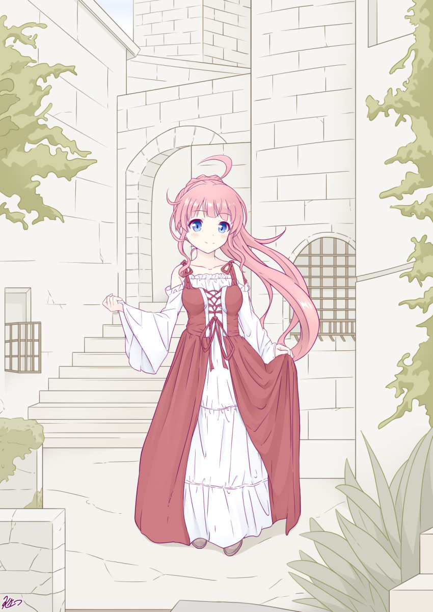 1girl, ahoge, blue_eyes, breasts, castle, clothes_pull, dress, dress_pull