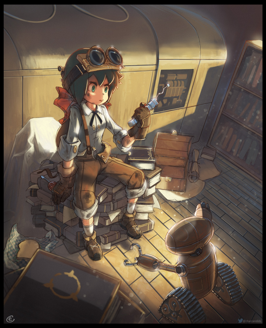 1girl, absurdres, black_border, book, book_stack, border, bow, bread