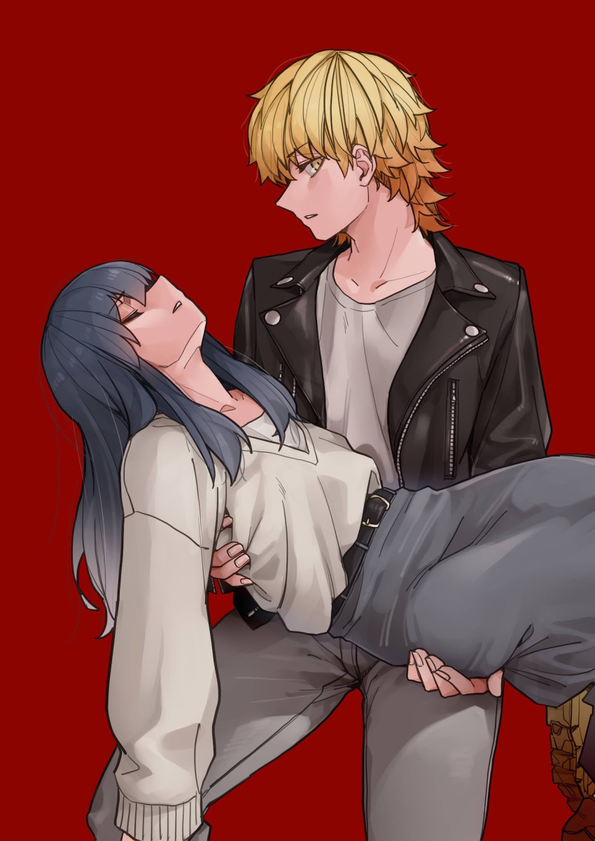 1boy, 1girl, akizakura_iori, belt, black_hair, black_jacket, blonde_hair, crossdressing