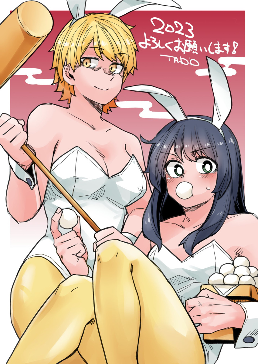 akizakura_iori, animal_ears, black_hair, blonde_hair, dango, egg, fake_animal_ears, food