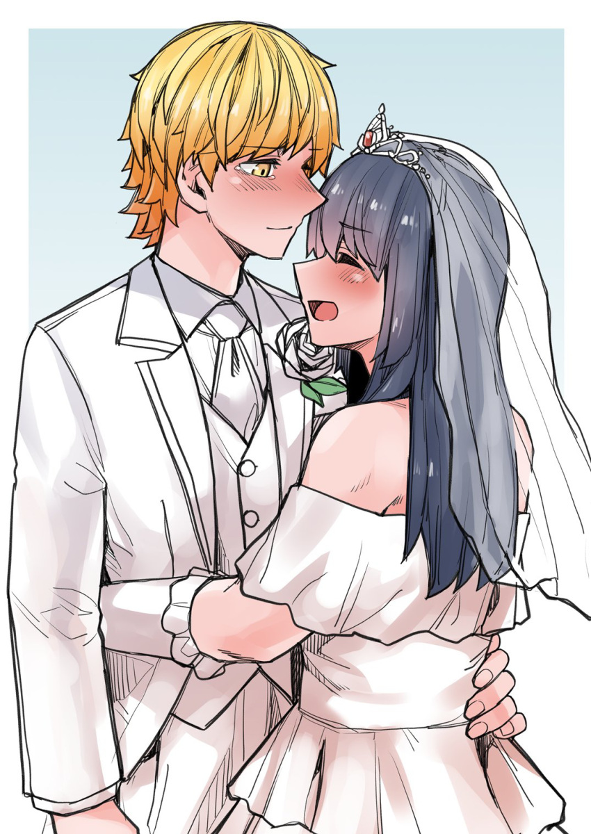 1boy, 1girl, akizakura_iori, bare_shoulders, black_hair, blonde_hair, blush, bridal_veil