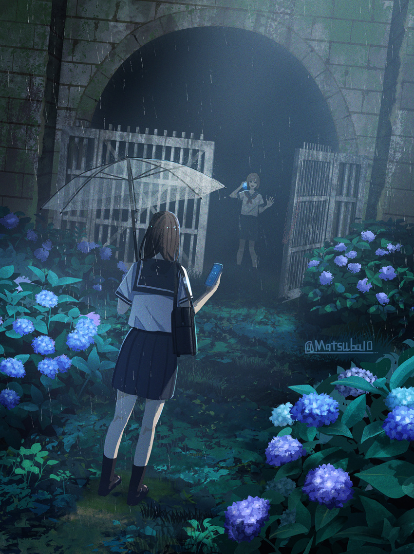 2girls, bag, black_sailor_collar, black_shoes, black_skirt, black_socks, bush, cellphone
