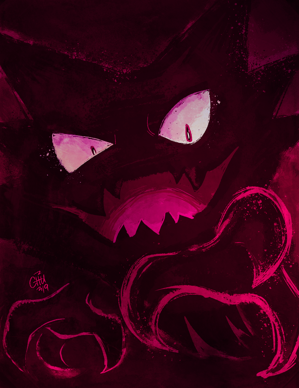 chu_(raizap), commentary, dated, english_commentary, evil_smile, haunter, highres, no_humans, open_mouth, pokemon, pokemon_(creature), pokemon_focus, red_eyes, red_theme, signature, smile, solo