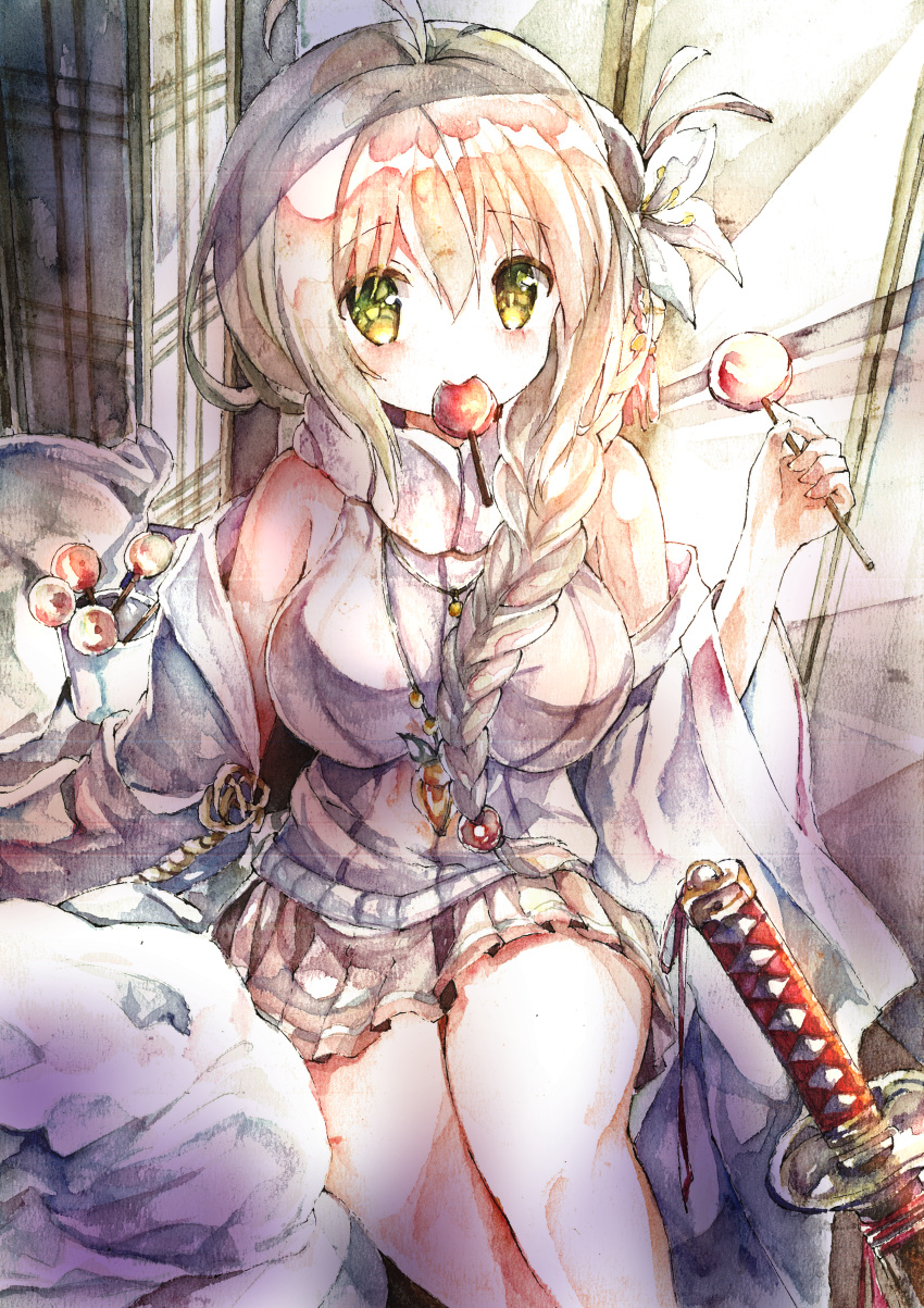 1girl, absurdres, ahoge, ayukawa_koto, braid, breasts, candy, flower