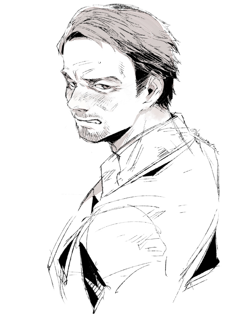 1boy, ace_visconti, beard, cheekbones, collared_shirt, connected_beard, cropped_shoulders, dead_by_daylight