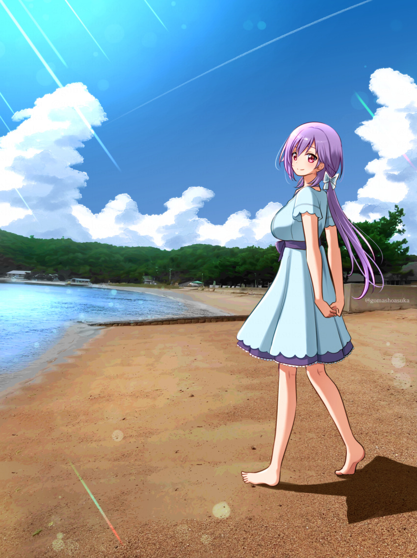 1girl, arms_behind_back, barefoot, beach, blue_dress, blue_sky, blush, bow, breasts, closed_mouth, clouds, commentary_request, cumulonimbus_cloud, day, dress, eyebrows_hidden_by_hair, from_side, full_body, gomasho_asuka, hair_between_eyes, hair_bow, highres, large_breasts, long_hair, looking_at_viewer, low_ponytail, mizuori_shizuku, ocean, outdoors, photo_background, ponytail, purple_hair, red_eyes, short_sleeves, sidelocks, sky, smile, solo, split_mouth, standing, summer_pockets, sunlight, twitter_username, v_arms, white_bow