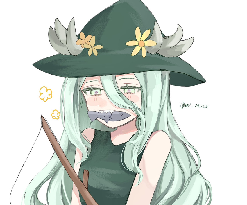 1girl, antlers, blush, fate/grand_order, fate_(series), fish_in_mouth, fishing_rod, flower