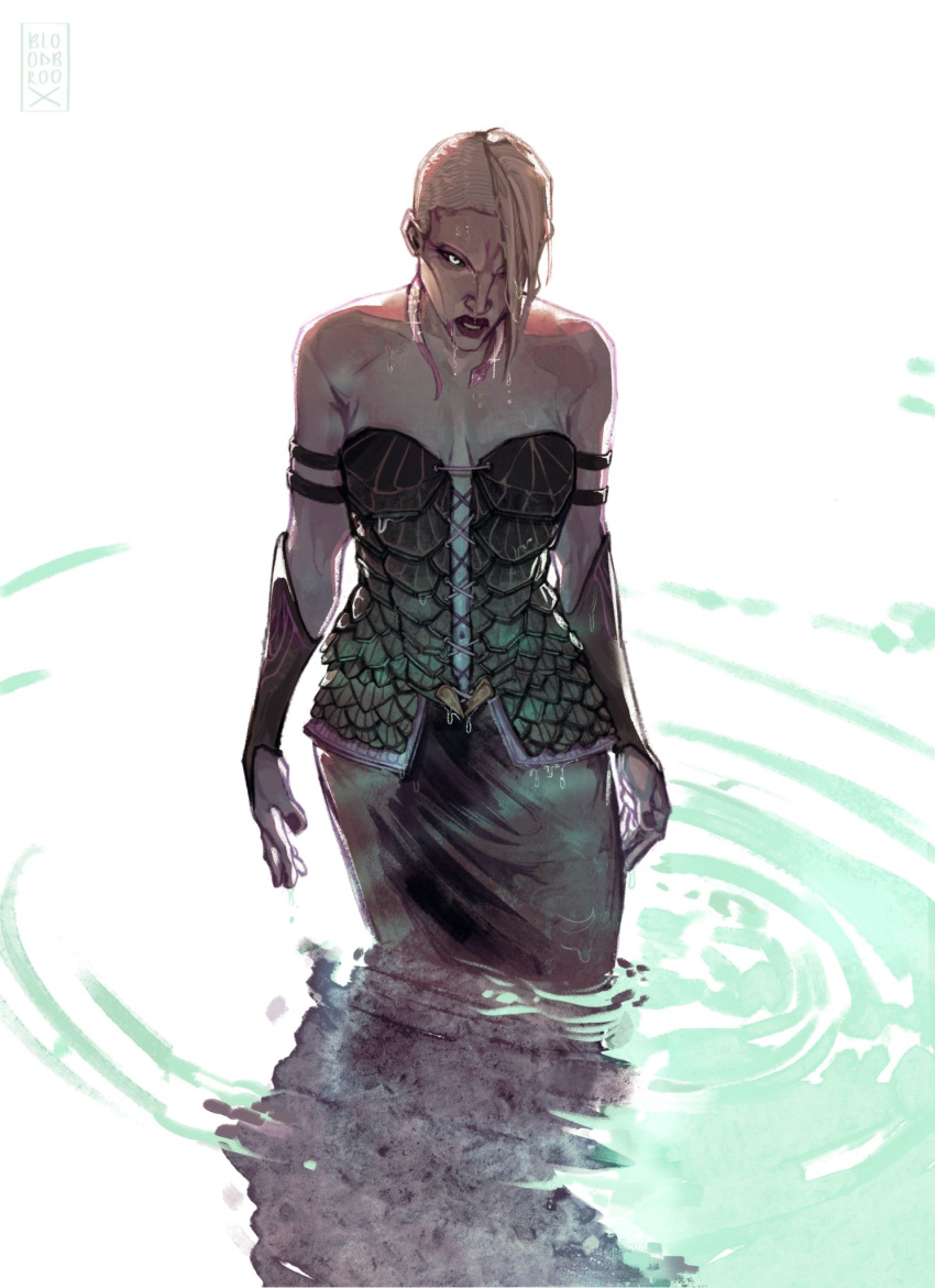 1girl, alternate_hairstyle, asajj_ventress, asymmetrical_hair, bare_shoulders, black_dress, blonde_hair, bloodbroox