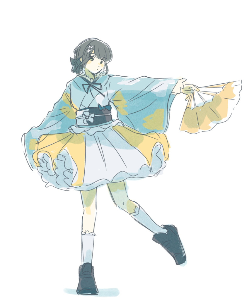 1girl, 37.5c_no_fantasy, black_hair, black_shoes, blue_kimono, closed_mouth, folding_fan, full_body, green_eyes, half_updo, hand_fan, highres, holding, holding_fan, japanese_clothes, kimono, kimono_skirt, link!_like!_love_live!, loafers, long_sleeves, looking_at_viewer, love_live!, medium_skirt, momose_ginko, official_alternate_costume, shoes, short_hair, simple_background, skirt, socks, solo, standing, standing_on_one_leg, virtual_youtuber, white_background, white_skirt, white_socks, wide_sleeves, woodonly, yellow_skirt