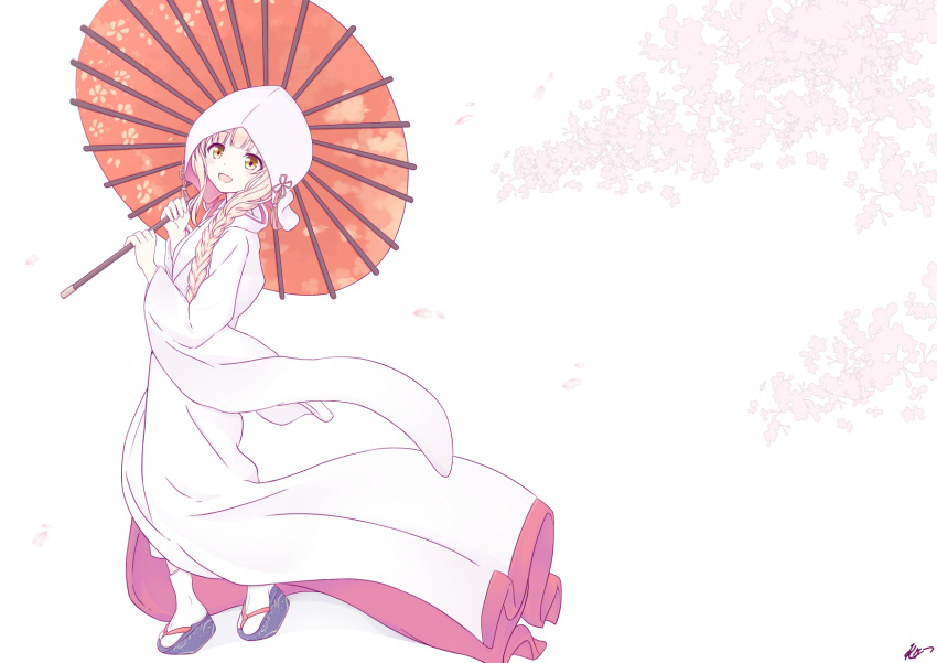 1girl, ayukawa_koto, braid, breasts, cherry_blossoms, geta, highres, hood