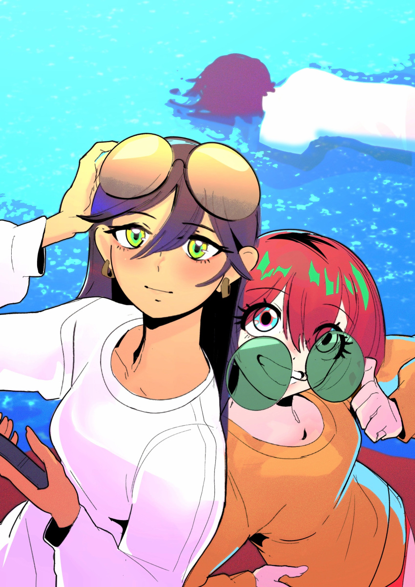 1boy, 2girls, absurdres, amate_yuzuriha, asphyxiation, blue_eyes, blue_hair, commentary, dark-skinned_female, dark_skin, drowning, earrings, english_commentary, eyewear_on_head, green_eyes, grin, gundam, gundam_gquuuuuux, highres, jewelry, long_sleeves, looking_at_viewer, meme, multiple_girls, nyaan_(gundam_gquuuuuux), out_here_living_my_best_life_(meme), pool, qwetzo, red_hair, shuji_ito, smile, sunglasses, water