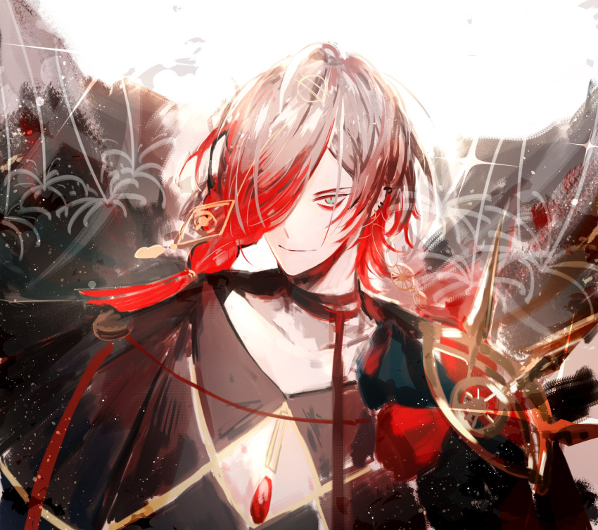 1boy, blue_eyes, chest_jewel, earrings, eyeshadow, eyeshadow_under_eye, fate/grand_order, fate_(series)