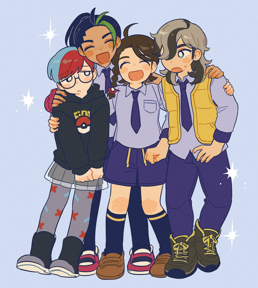 2hyu_00, :d, ^_^, arven_(pokemon), black_boots, black_hair, black_hoodie, blue_eyes, blue_hair, blue_pants, blue_shirt, blue_shorts, blush_stickers, boots, braid, bright_pupils, brown_boots, brown_hair, brown_shoes, closed_eyes, closed_mouth, collared_shirt, commentary_request, dark-skinned_female, dark_skin, frown, full_body, glasses, green_hair, grey_hair, grey_pantyhose, grey_skirt, highres, hood, hoodie, juliana_(pokemon), korean_commentary, lace-up_boots, long_hair, long_sleeves, nemona_(pokemon), open_clothes, open_mouth, open_vest, pants, pantyhose, penny_(pokemon), pleated_skirt, poke_ball_print, pokemon, pokemon_sv, print_hoodie, print_pantyhose, red_hair, red_shoes, round_eyewear, shirt, shoes, short_hair, shorts, single_braid, skirt, smile, standing, sweatdrop, vest, white_pupils, yellow_vest