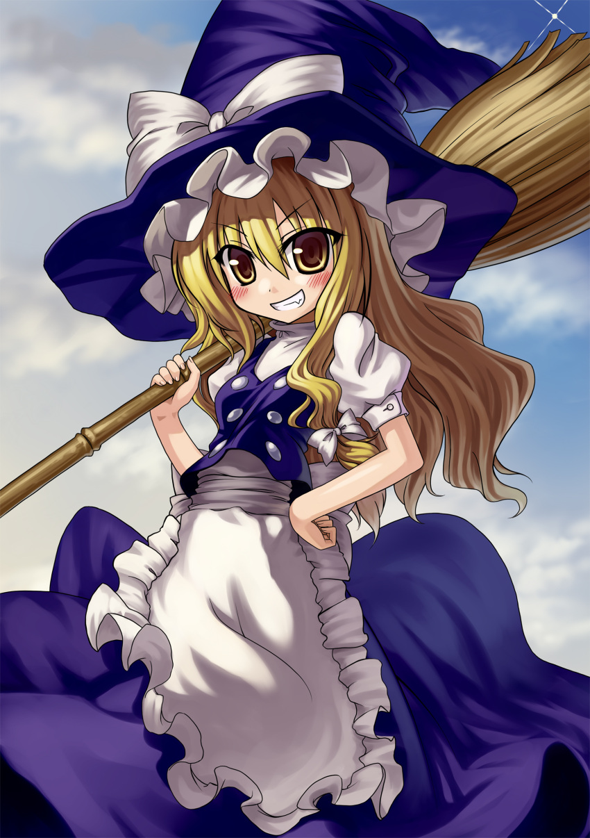 absurdres, blonde_hair, blush, broom, grin, hand_on_hip, hat, highres