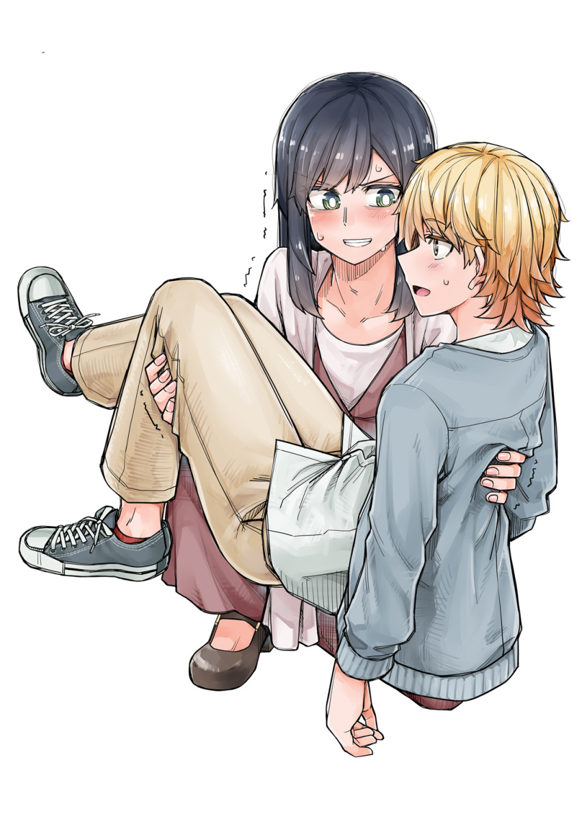 1boy, 1girl, akizakura_iori, black_hair, blonde_hair, blush, carrying, green_eyes