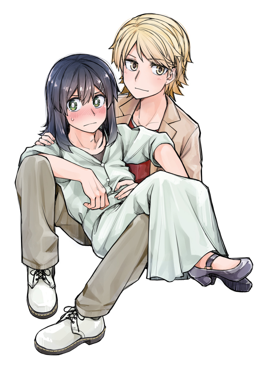 1boy, 1girl, akizakura_iori, black_hair, blonde_hair, blush, collarbone, couple