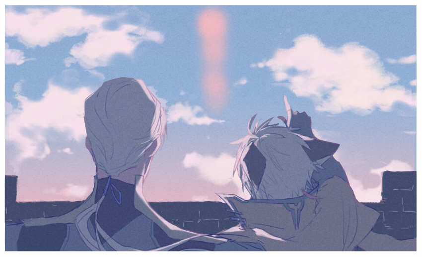 2boys, adiaoadyio, armor, baili_shouyue, black_gloves, black_shirt, blue_ribbon, blue_sky