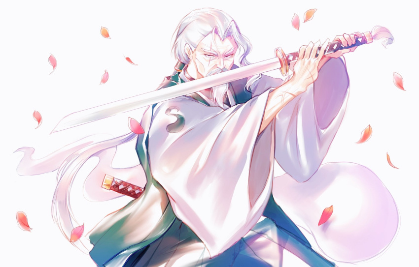 1boy, beard, commentary, facial_hair, falling_petals, green_pants, hakama, hakama_pants