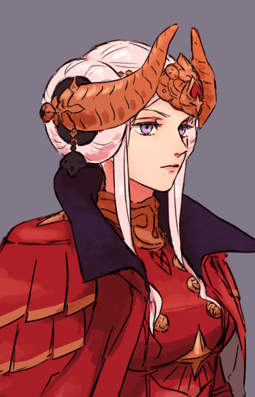 1girl, cape, collared_cape, commentary_request, double_bun, dress, edelgard_von_hresvelg, edelgard_von_hresvelg_(timeskip), fake_horns, fire_emblem, fire_emblem:_three_houses, grey_background, hair_bun, hair_ornament, hair_up, headpiece, high_collar, hiramoto_(shir_gn_9), horns, red_cape, red_dress, simple_background, solo, standing, upper_body, violet_eyes, white_hair