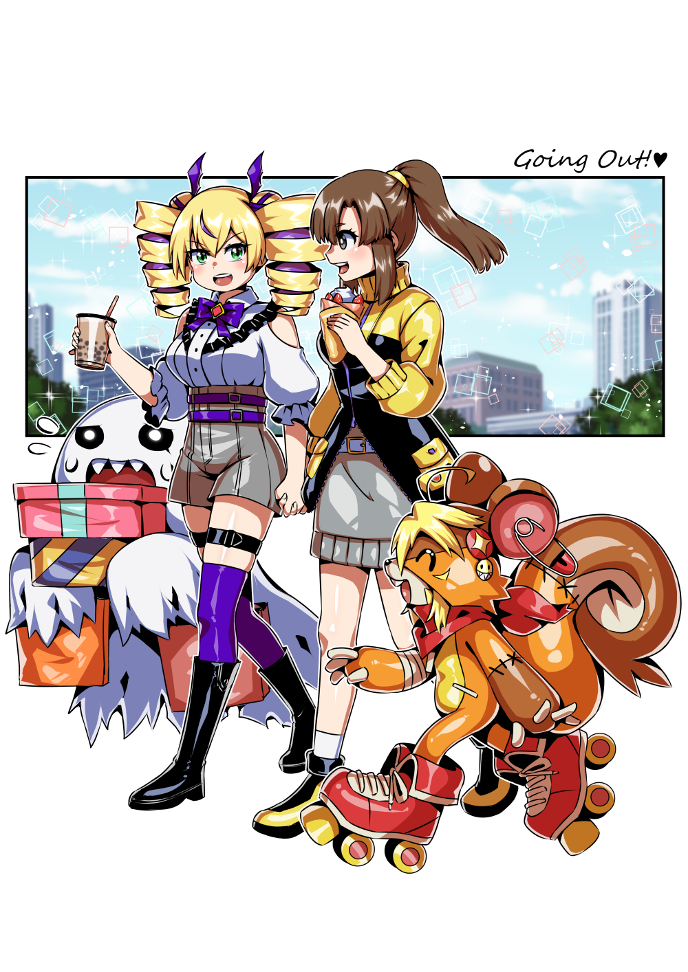 2girls, bakemon, bare_shoulders, black_boots, black_jacket, blonde_hair, boots, box
