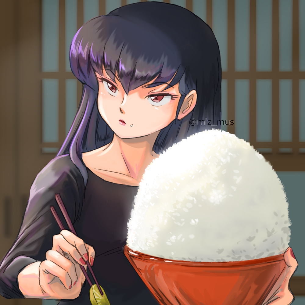 1girl, artist_name, black_hair, black_shirt, bowl, brown_eyes, chopsticks, collarbone