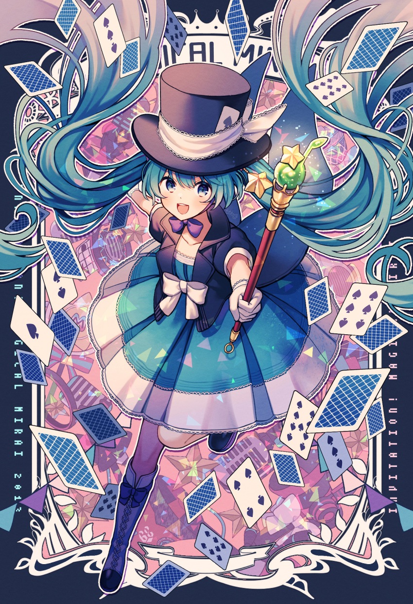 1girl, :d, ace_(playing_card), ace_of_spades, amagi_hana, black_hat, blue_border, blue_dress