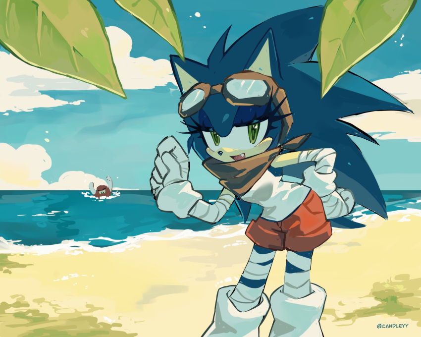 1boy, 1girl, alternate_costume, bandaged_arm, bandaged_leg, bandages, beach, blue_sky