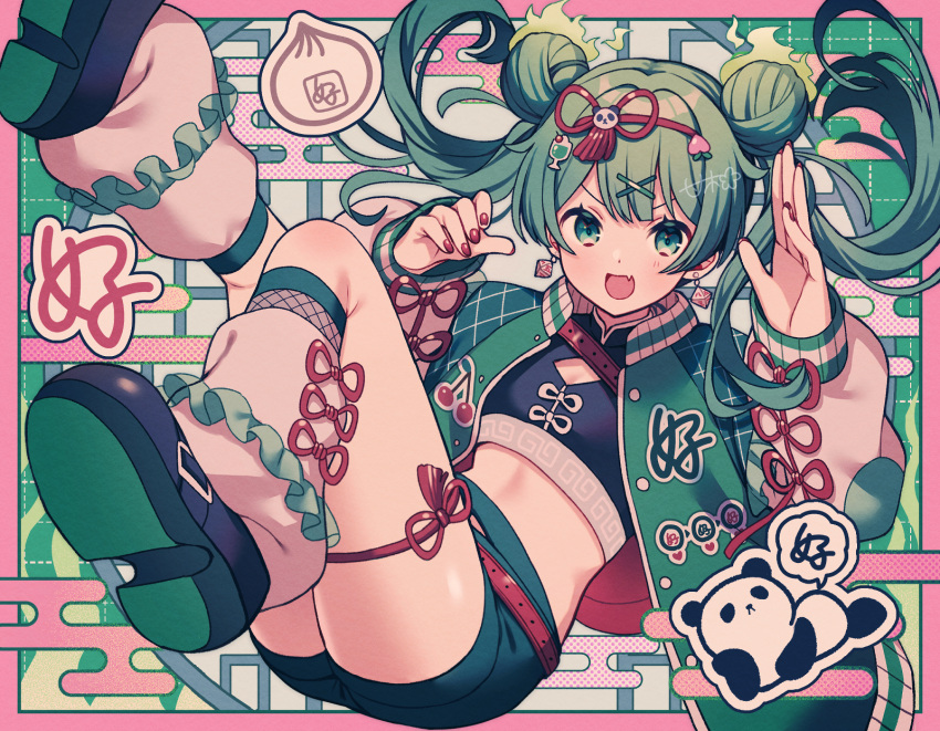 1girl, :d, amagi_hana, bow, commentary_request, dice, dice_earrings, double_bun