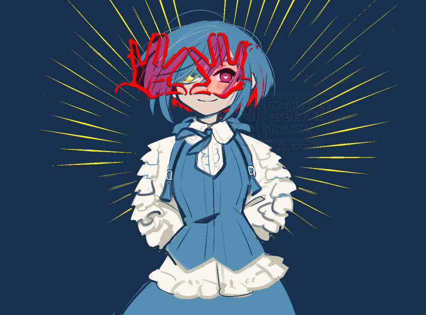 1girl, arms_behind_back, blue_theme, collared_shirt, commentary_request, cowboy_shot, disembodied_hand, eye_of_providence