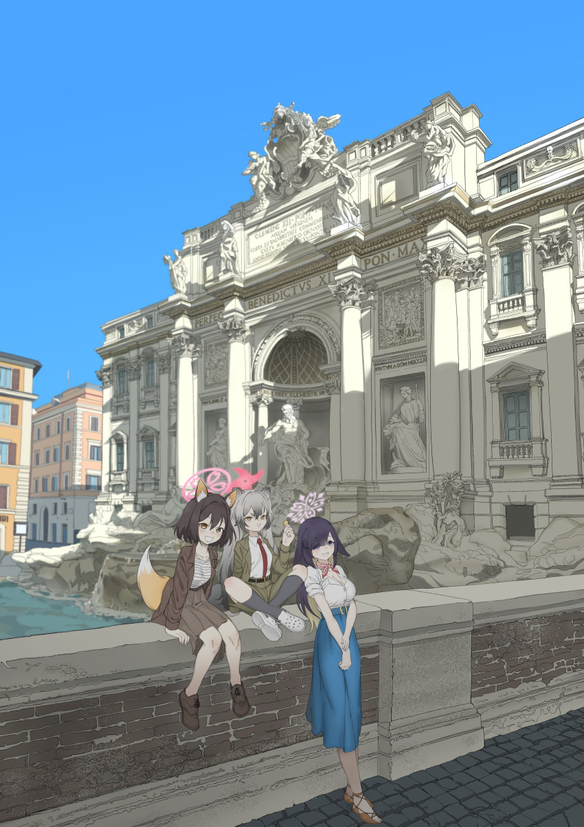 3girls, absurdres, alternate_costume, animal_ear_fluff, animal_ears, blazer, blue_archive, blue_sky
