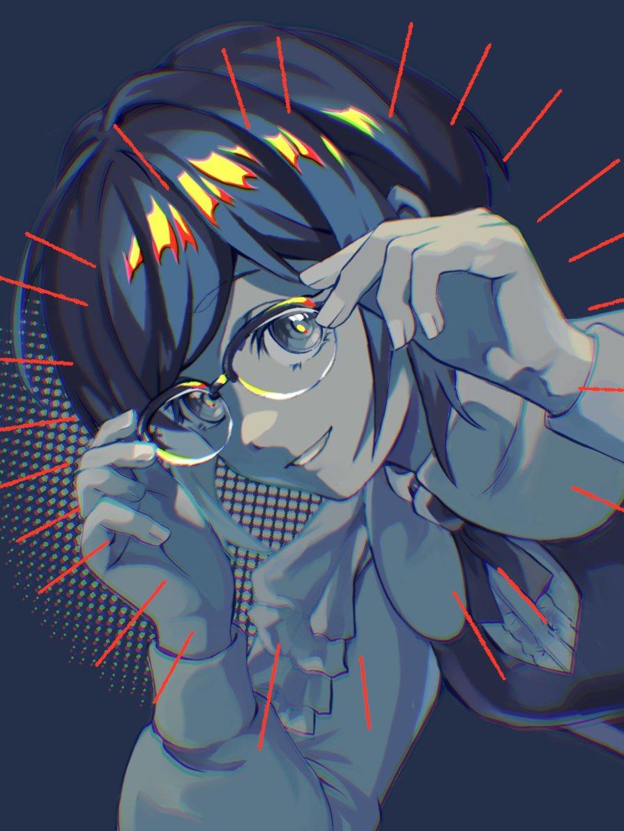 1girl, blue_eyes, blue_hair, collared_shirt, commentary_request, dutch_angle, frilled_shirt, frilled_sleeves