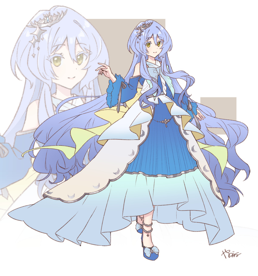 1girl, blue_dress, blue_hair, dress, full_body, high_heels, highres, long_hair