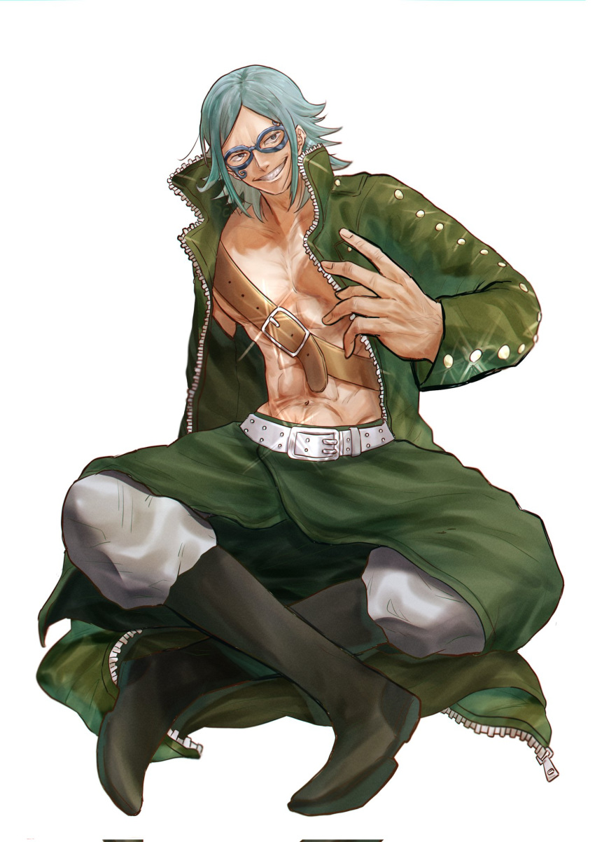 1boy, abs, black_boots, boots, coat, crossed_legs, eye_mask, green_coat