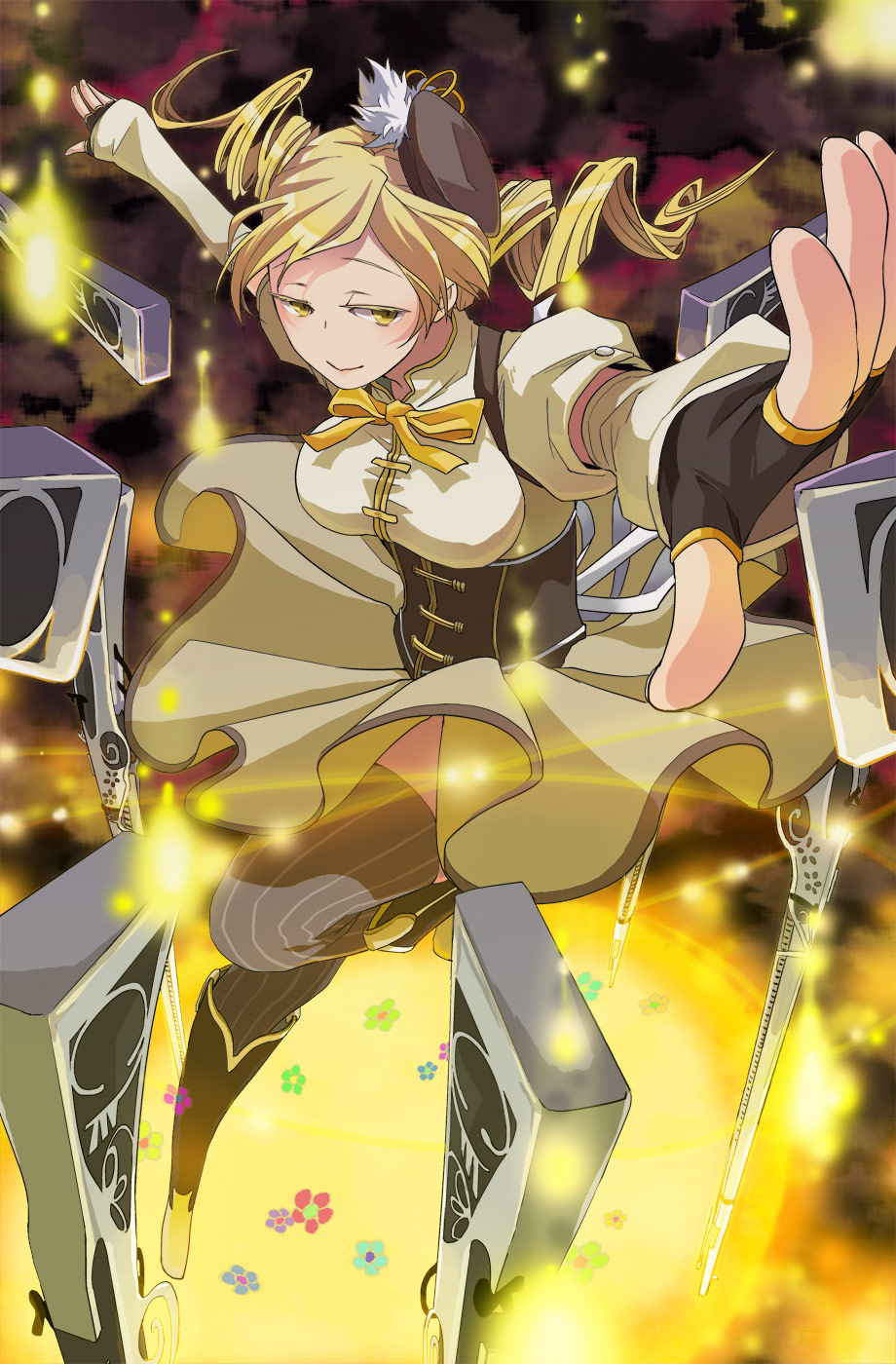 beret, blonde_hair, boots, breasts, corset, detached_sleeves, drill_hair, fingerless_gloves