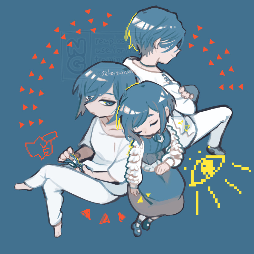 1boy, 2girls, back-to-back, blue_background, blue_theme, closed_eyes, closed_mouth, commentary_request