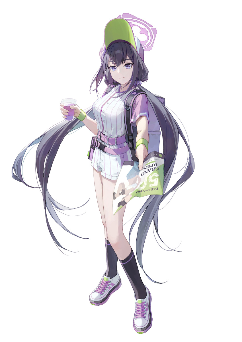 1girl, black_hair, black_socks, blue_archive, closed_mouth, cup, floating_hair, full_body