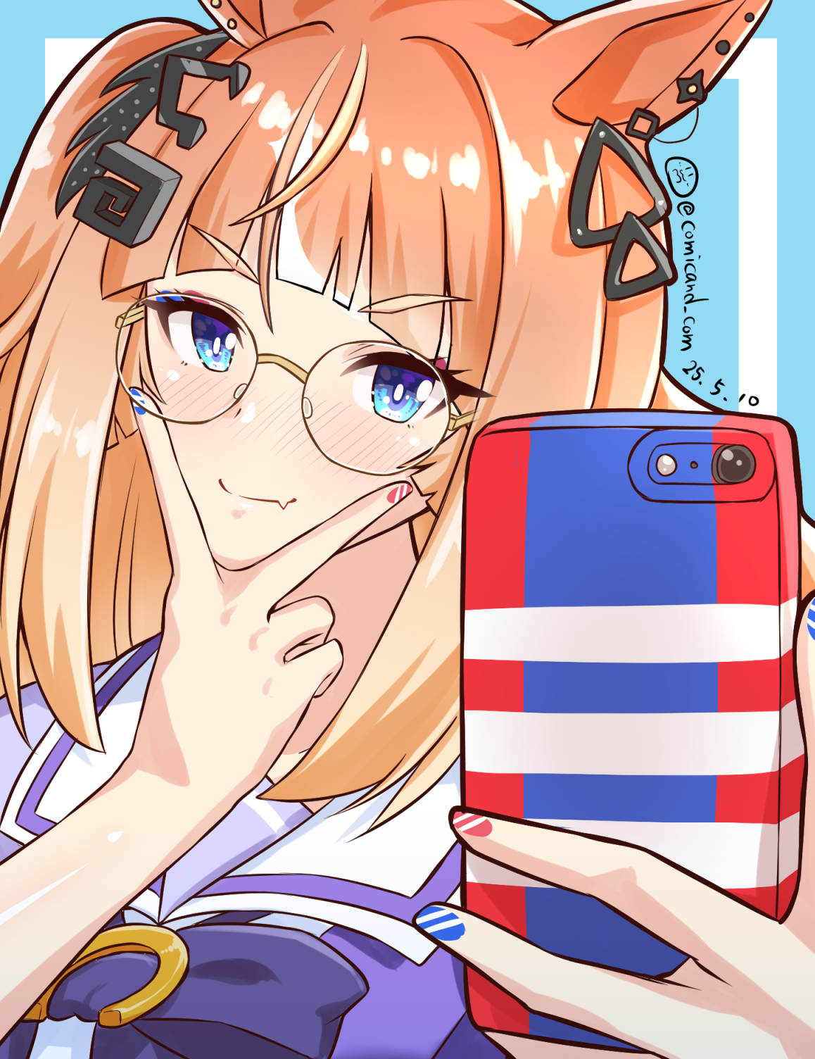 1girl, animal_ears, bespectacled, blue_eyes, bow, bowtie, cellphone, dated