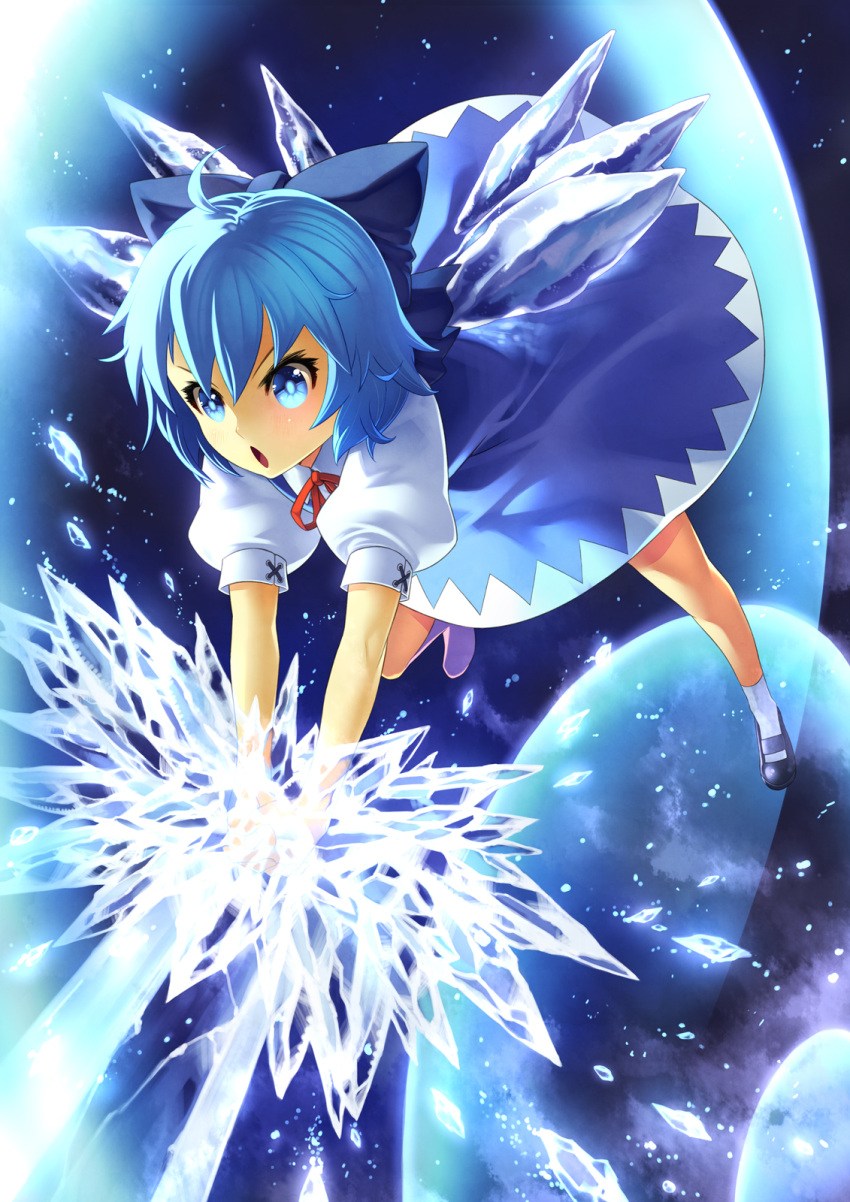 1girl, blue_eyes, blue_hair, bow, cirno, hair_bow, highres, ice