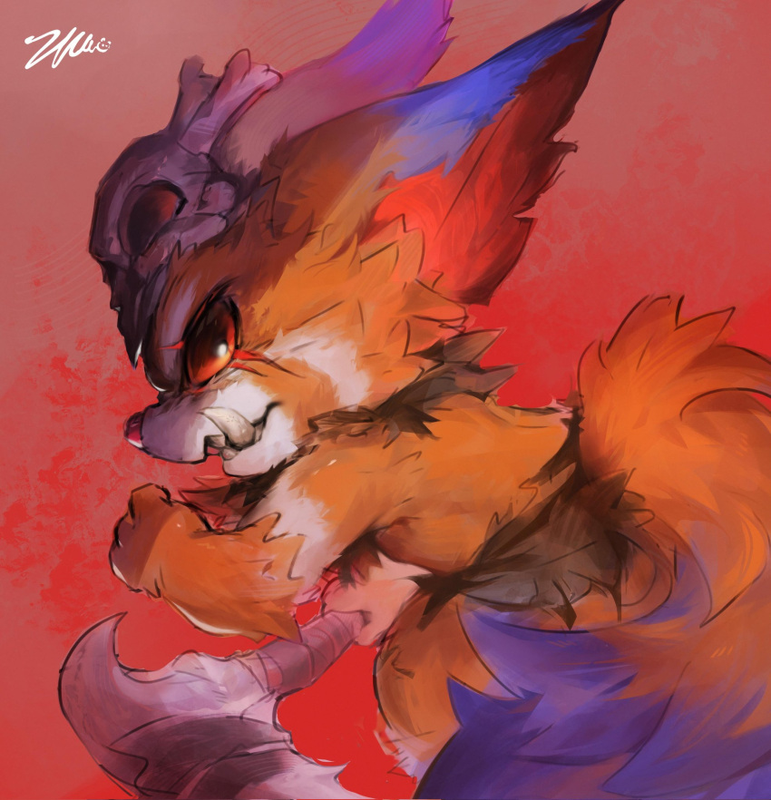 1boy, angry, animal_ears, animal_nose, blue_fur, chinese_commentary, commentary_request, fangs