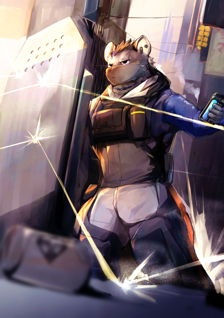 1boy, absurdres, arknights, ballistic_shield, black_hair, blue_jacket, bulletproof_vest, commentary_request