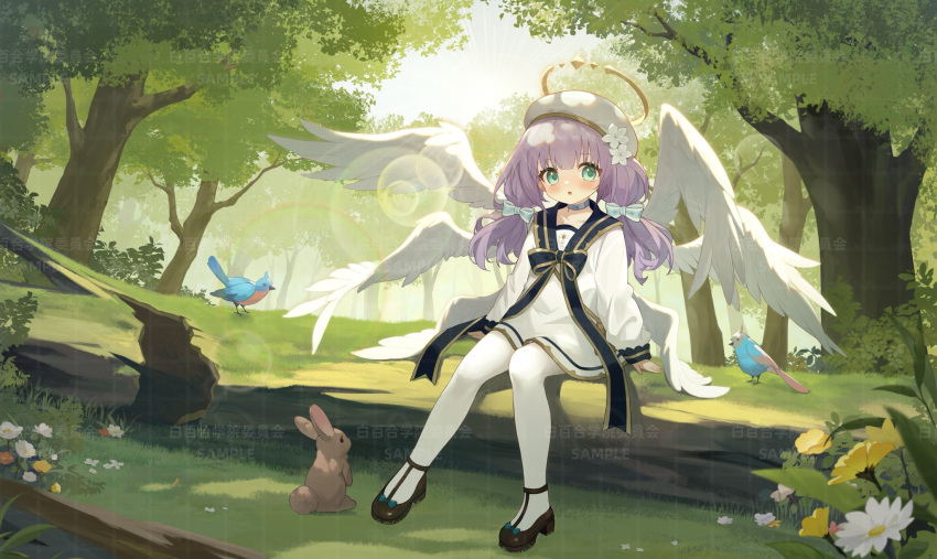 angel, angel_wings, blue_eyes, blush, bow, commentary, dress, feathered_wings