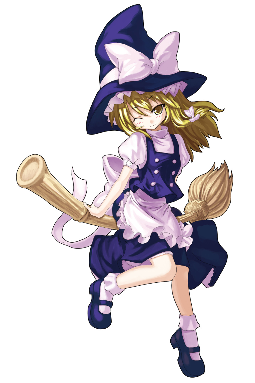 absurdres, bamboo_broom, blonde_hair, blush, bobby_socks, bow, broom, broom_riding