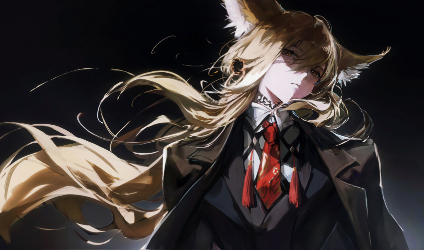 1girl, absurdres, animal_ear_fluff, animal_ears, arknights, black_jacket, blonde_hair, bullet_hole, floating_hair, fox_ears, highres, jacket, long_hair, necktie, red_necktie, scar, scar_on_face, sishima, solo, upper_body, vulpisfoglia_(arknights)